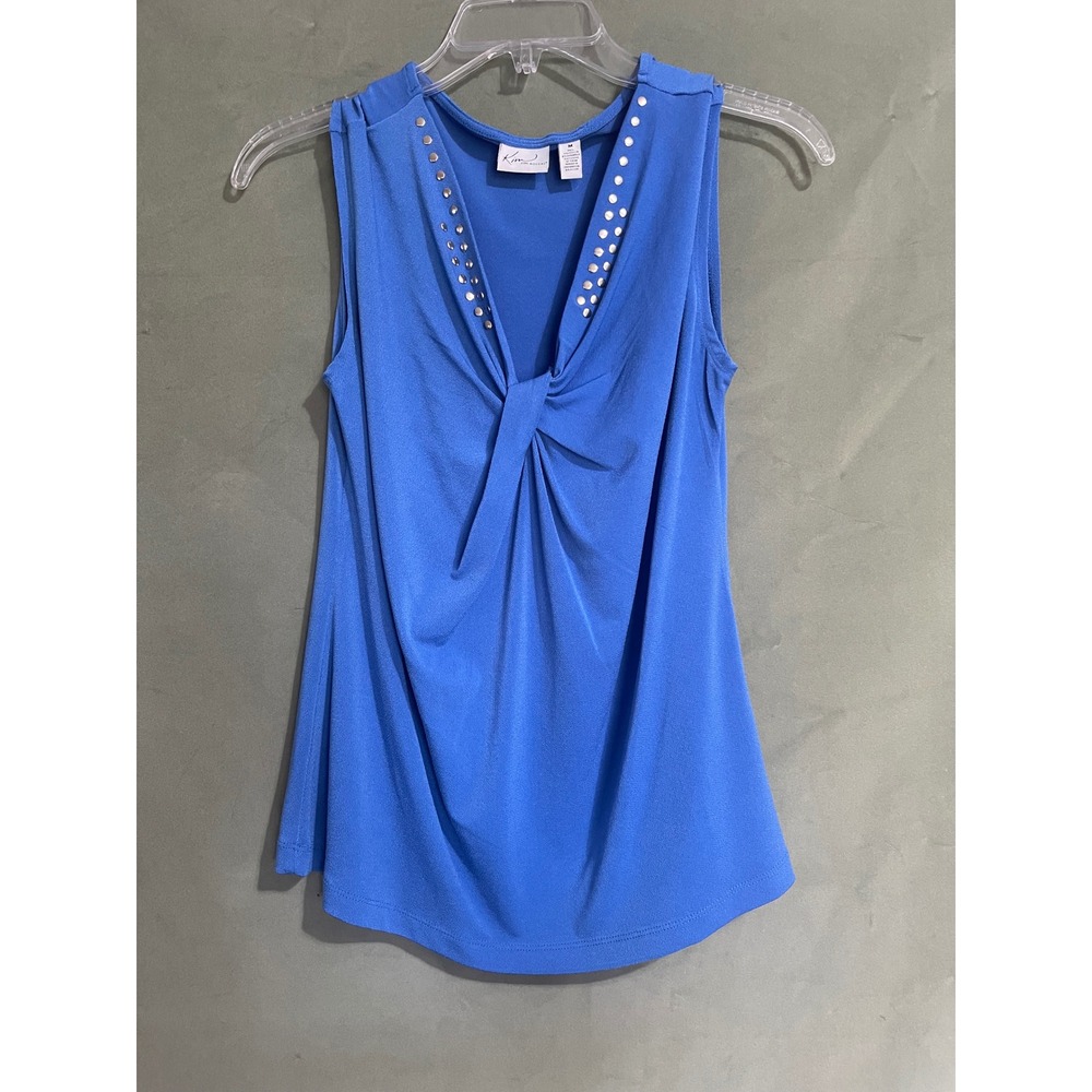 Kim Rogers Blue Studded V-Neck Twist Front Sleeveless Blouse Top Womens Medium